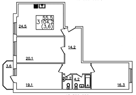 3 комнатная квартира, 104,2 кв.м.