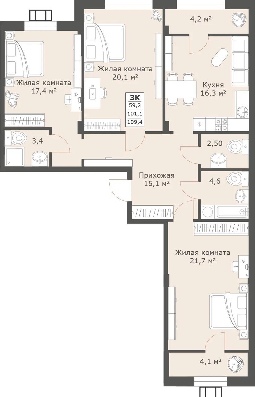 3 комнатная квартира 109,4 кв.м