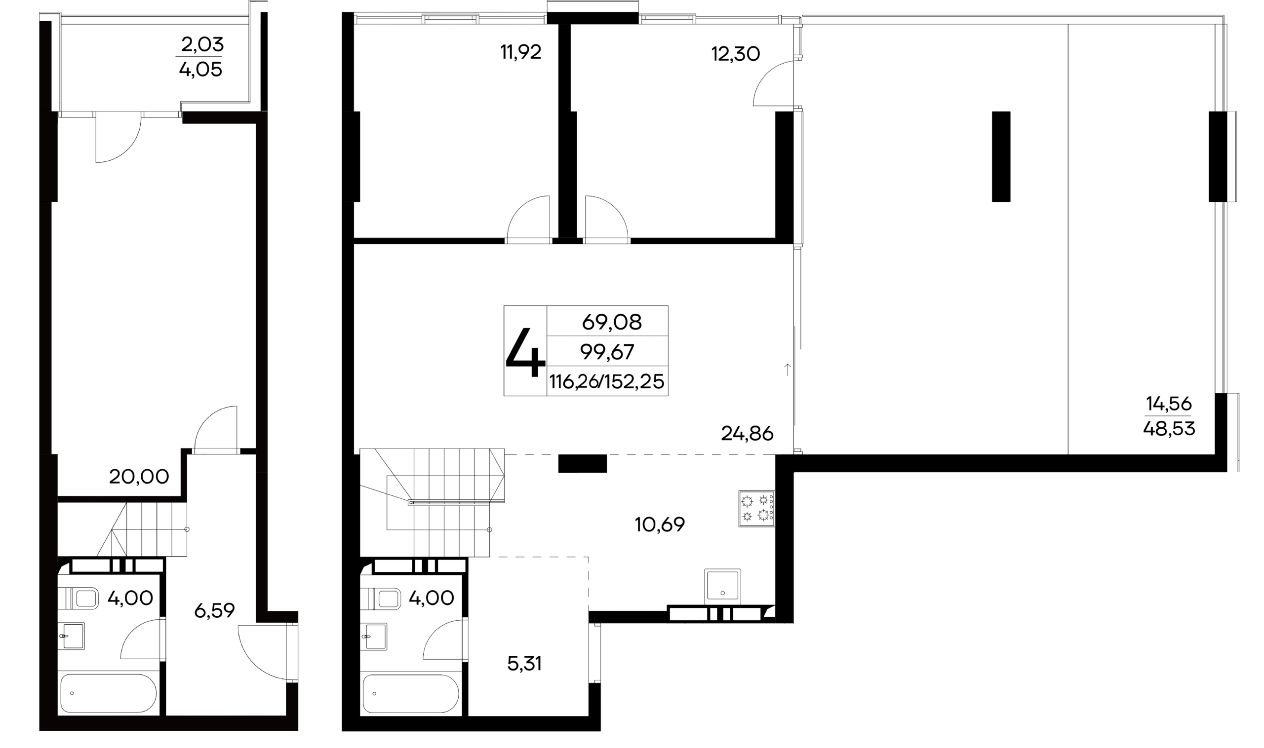 4 комнатная квартира,  152,25 кв.м