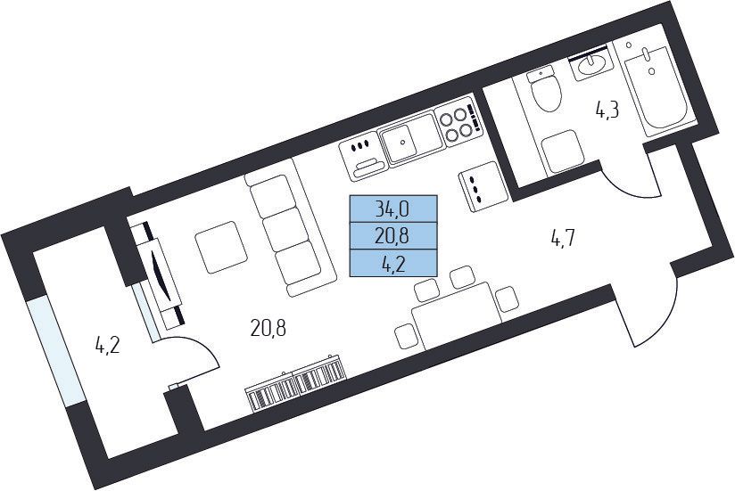 1 комнатная квартира 31,9 кв.м.