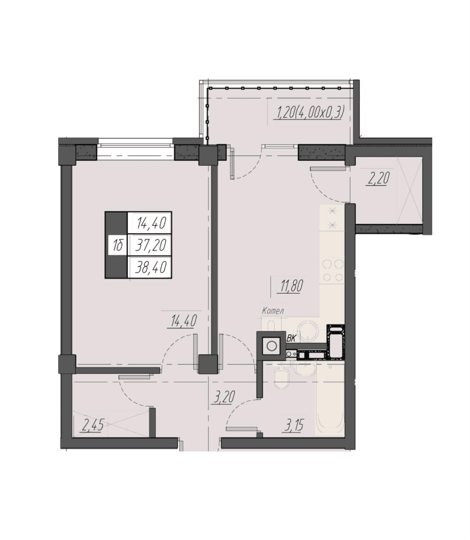 1 комнатная квартира, 38,4 кв.м.