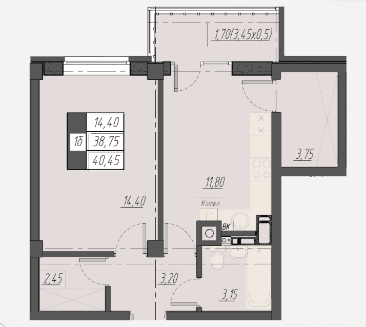 1 комнатная квартира, 40,45 кв.м.