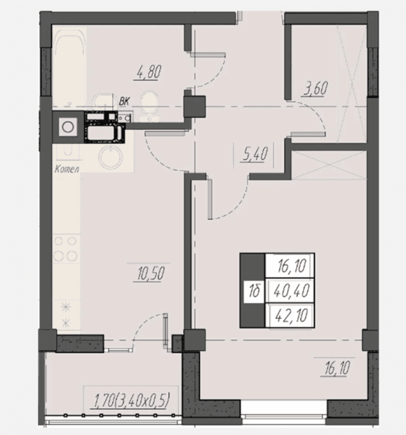 1 комнатная квартира, 42,1 кв.м.