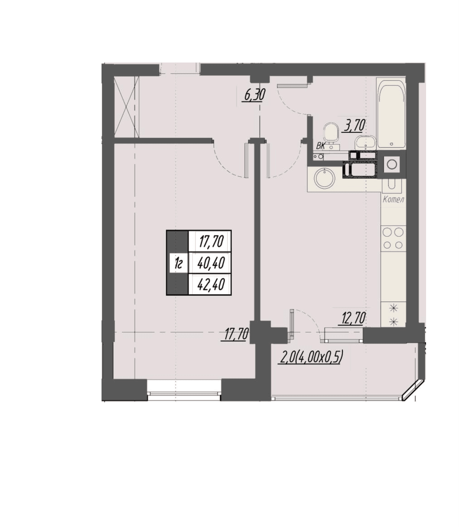 1 комнатная квартира, 42,4 кв.м.