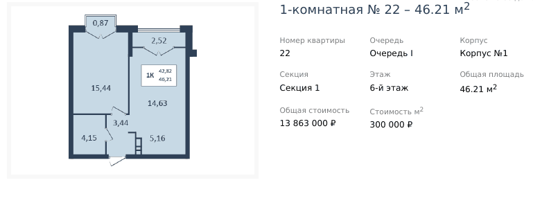 1 комнатная квартира 46,21 кв.м