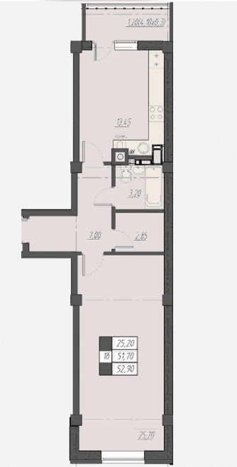 1 комнатная квартира, 52,9 кв.м.