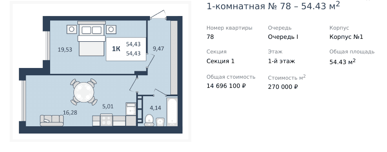 1 комнатная квартира 54,43 кв.м