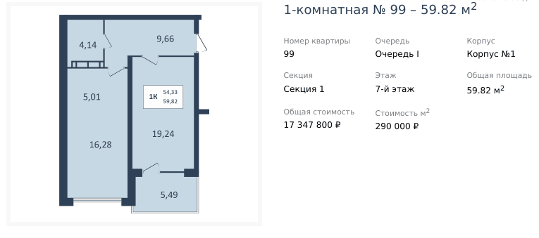 1 комнатная квартира 59,82 кв.м
