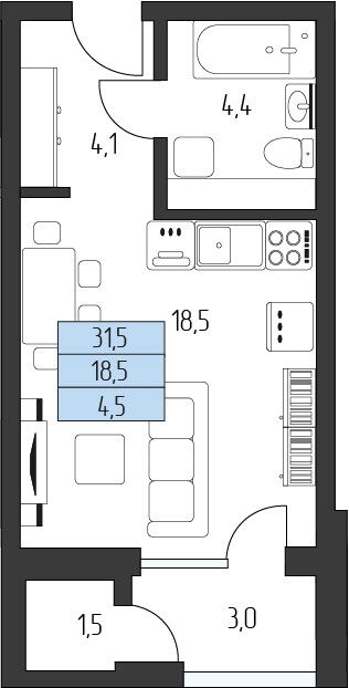 1 комнатная квартира 28,95 кв.м