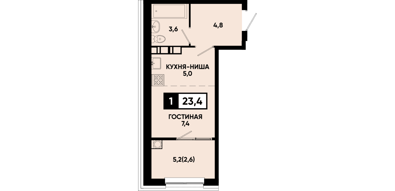 1 комнатная квартира 23,4 кв.м