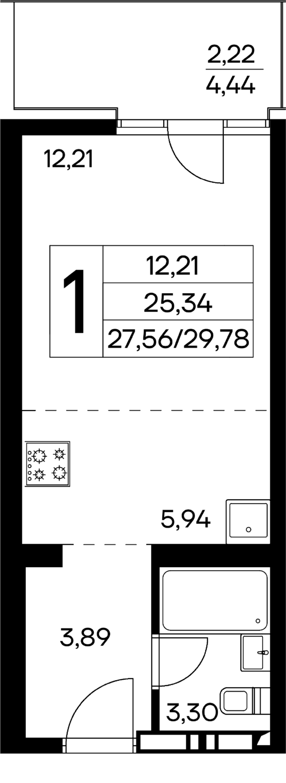 1 комнатная квартира,  29,78 кв.м