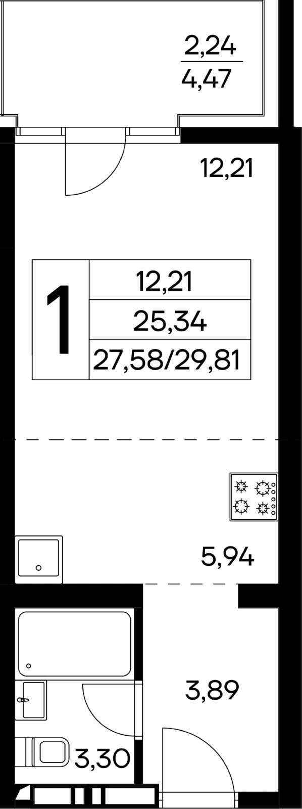 1 комнатная квартира, 29,81 кв.м