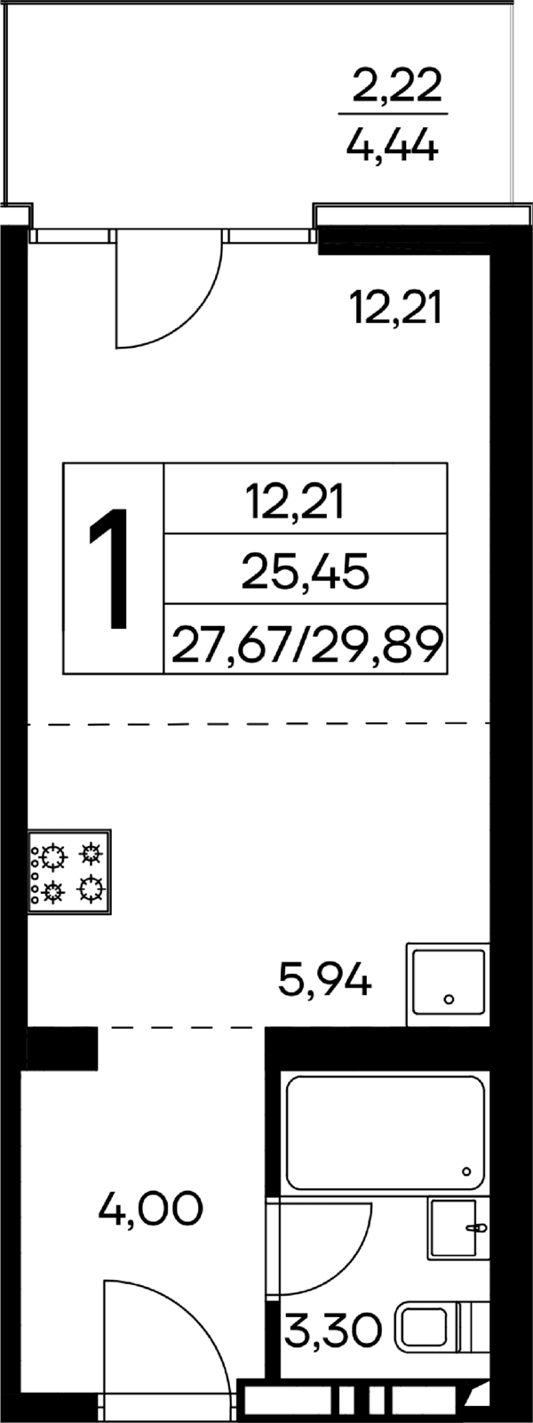 1 комнатная квартира, 29,89 кв.м