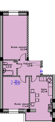 2 комнатная квартира, 70,9 кв.м.