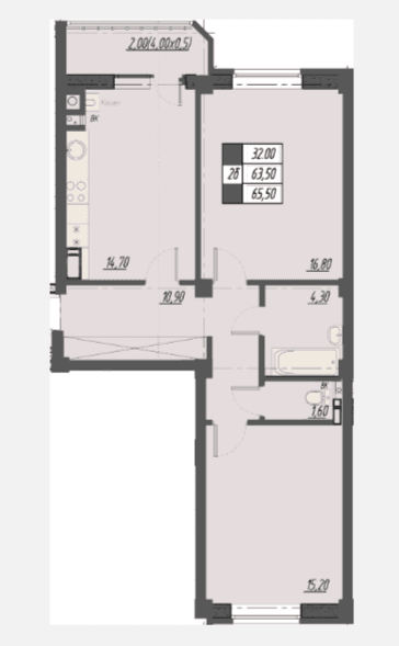 2 комнатная квартира, 65,5 кв.м.