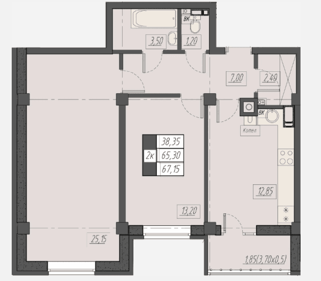 2 комнатная квартира, 67,15 кв.м.