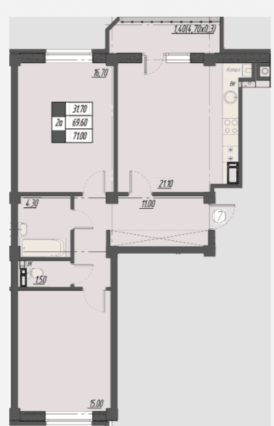 2 комнатная квартира, 71 кв.м.