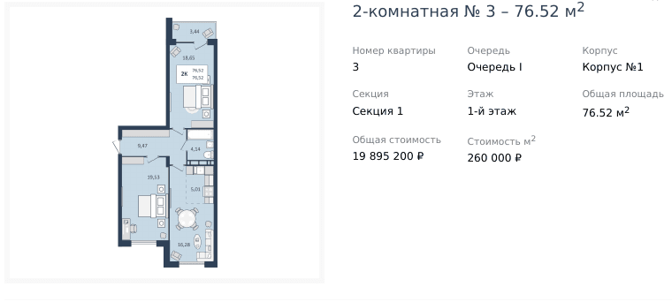 2 комнатная квартира 76,52 кв.м