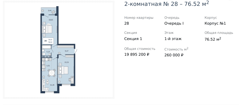 2 комнатная квартира 76,52 кв.м