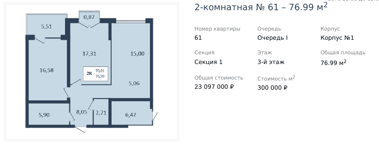 2 комнатная квартира 76,99кв.м