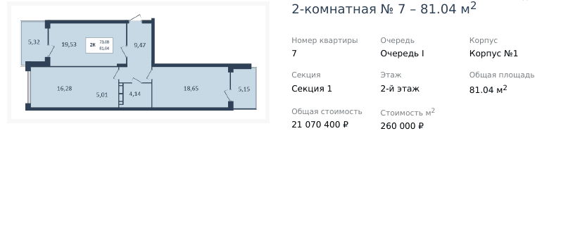 2 комнатная квартира 81,04 кв.м