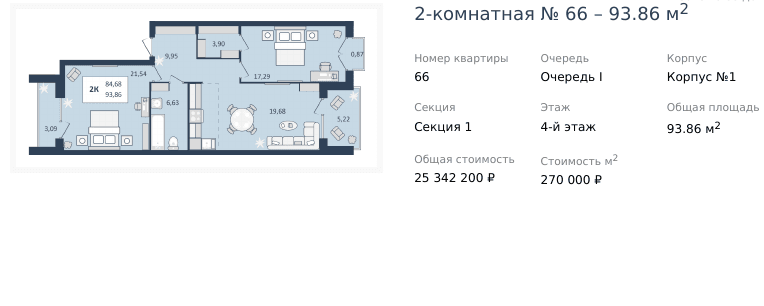 2 комнатная квартира 93,86 кв.м