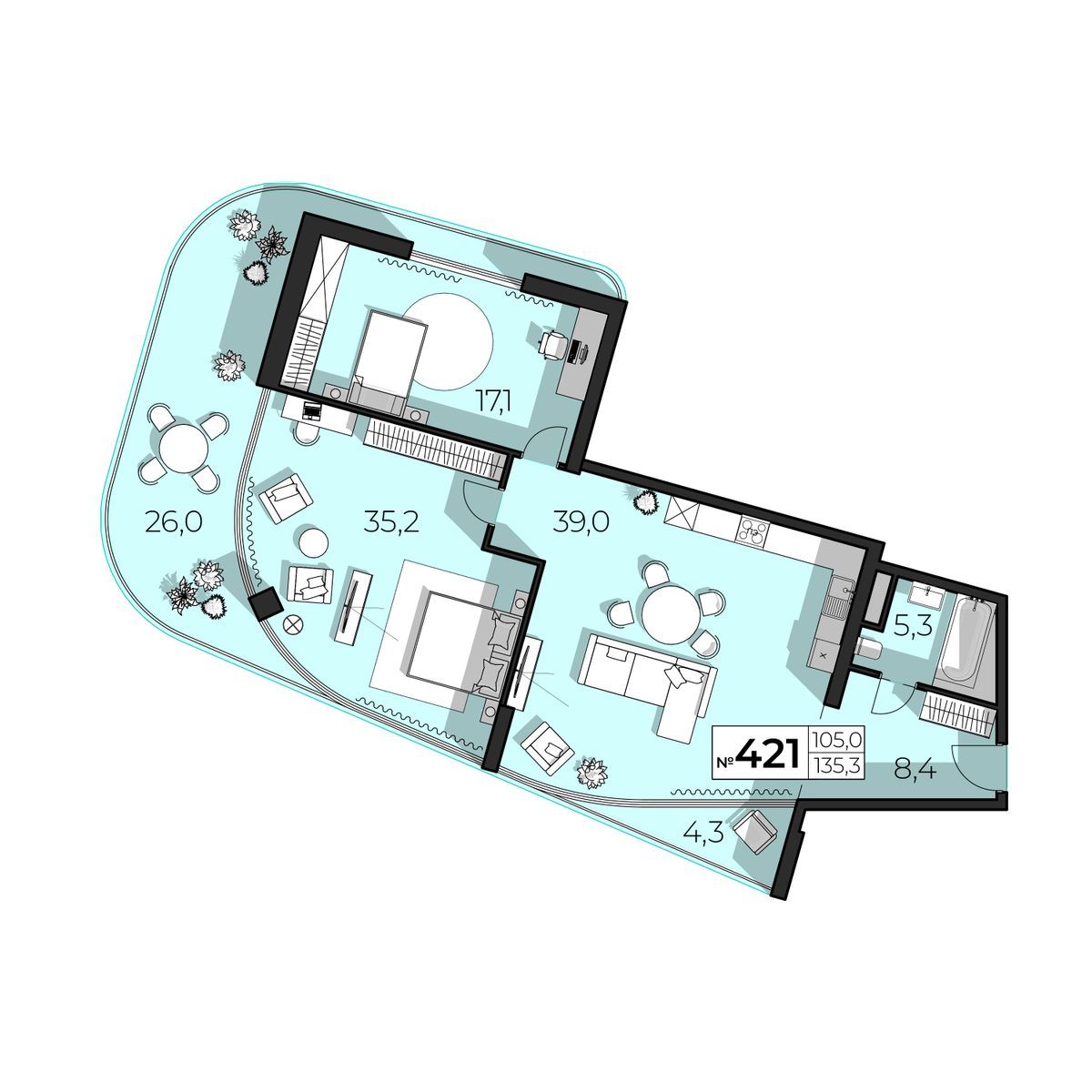 2 комнатная квартира 135,3 кв.м