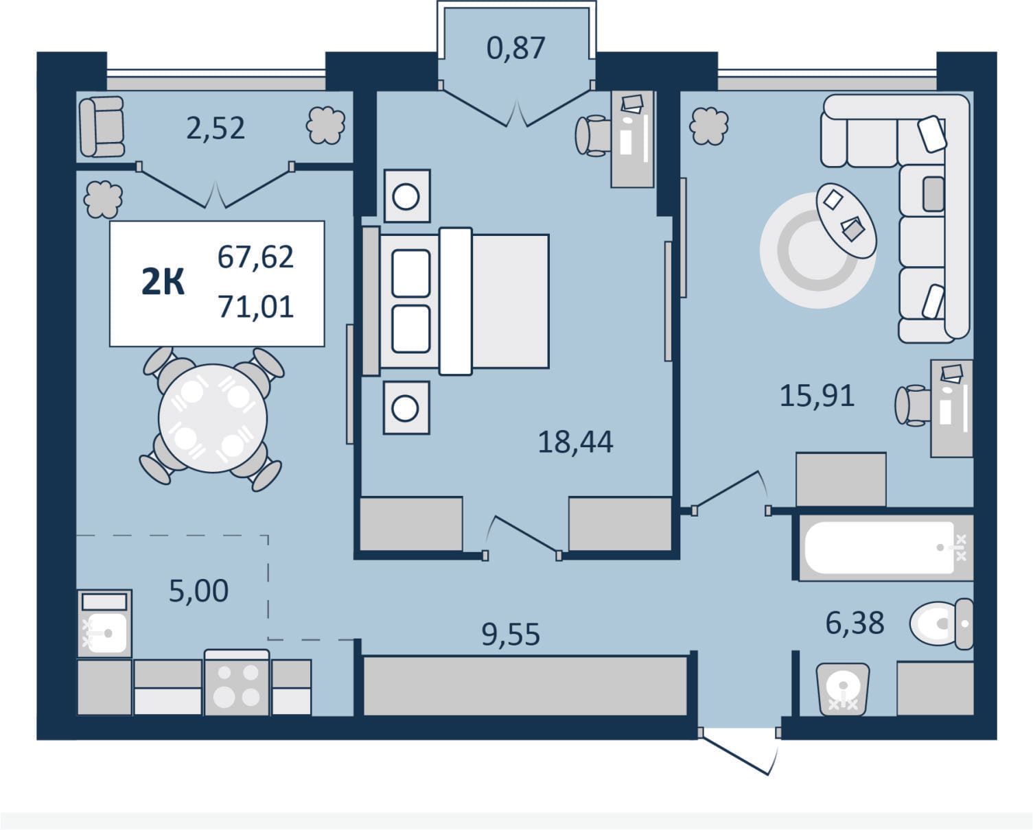 2 комнатная квартира, 71,01 кв.м.