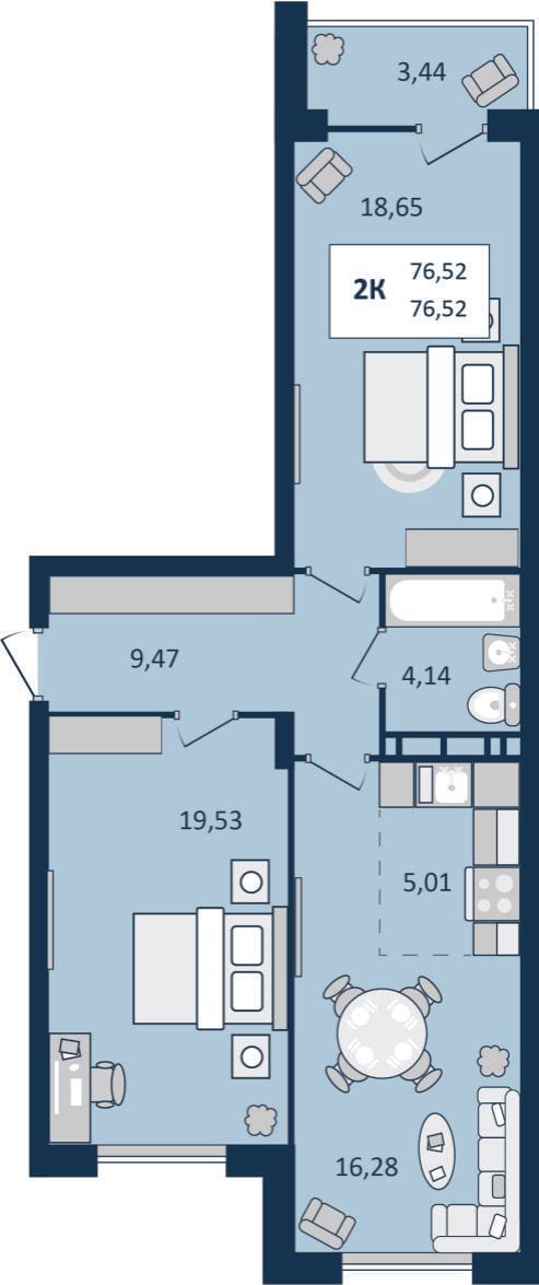 2 комнатная квартира, 76,52 кв.м.