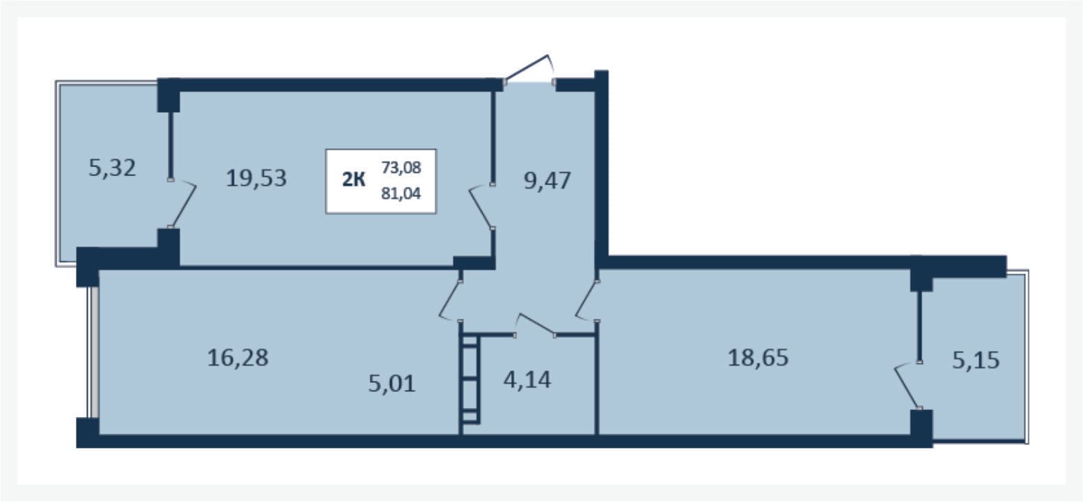 2 комнатная квартира, 81,04 кв.м.