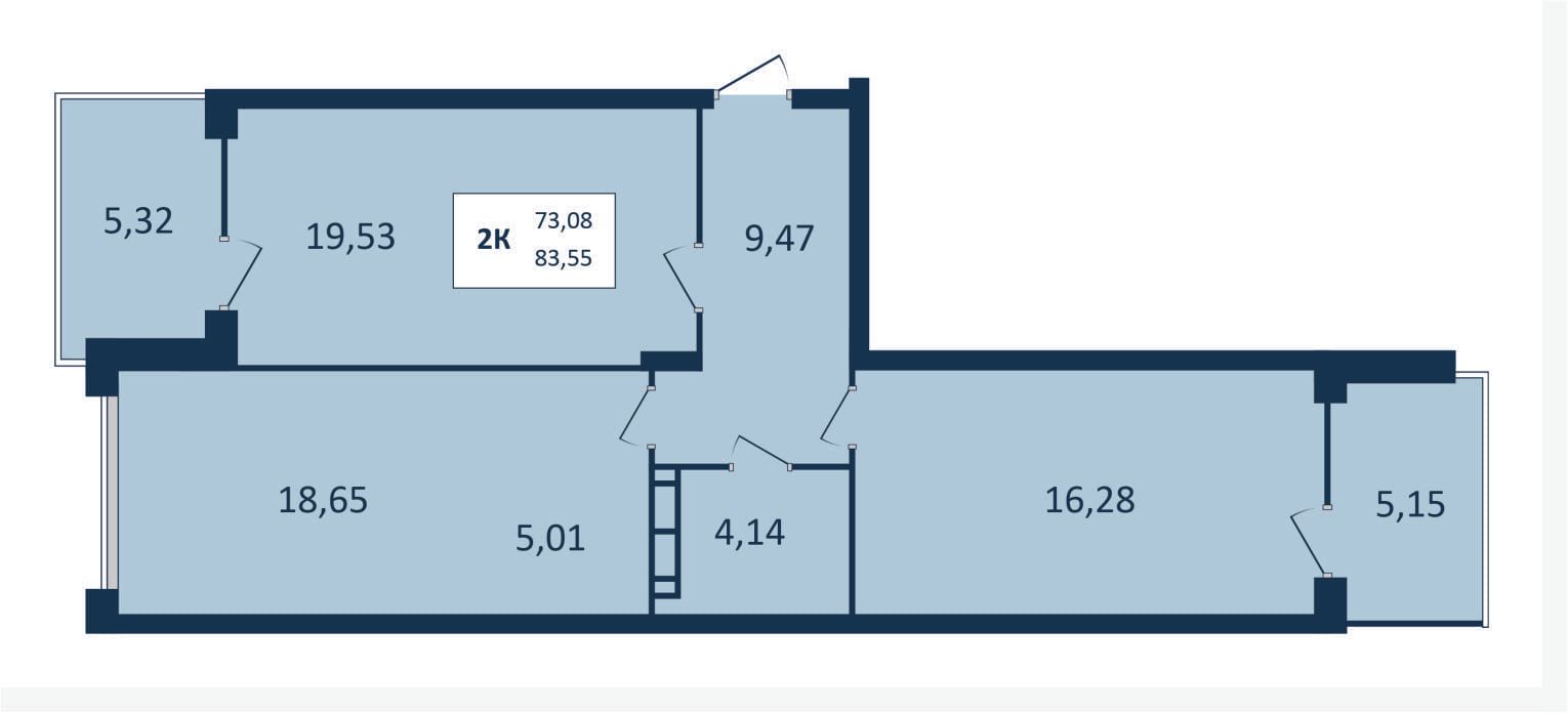 2 комнатная квартира, 83,55 кв.м.