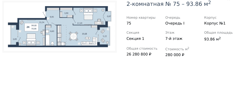 2 комнатная квартира 93,86 кв.м