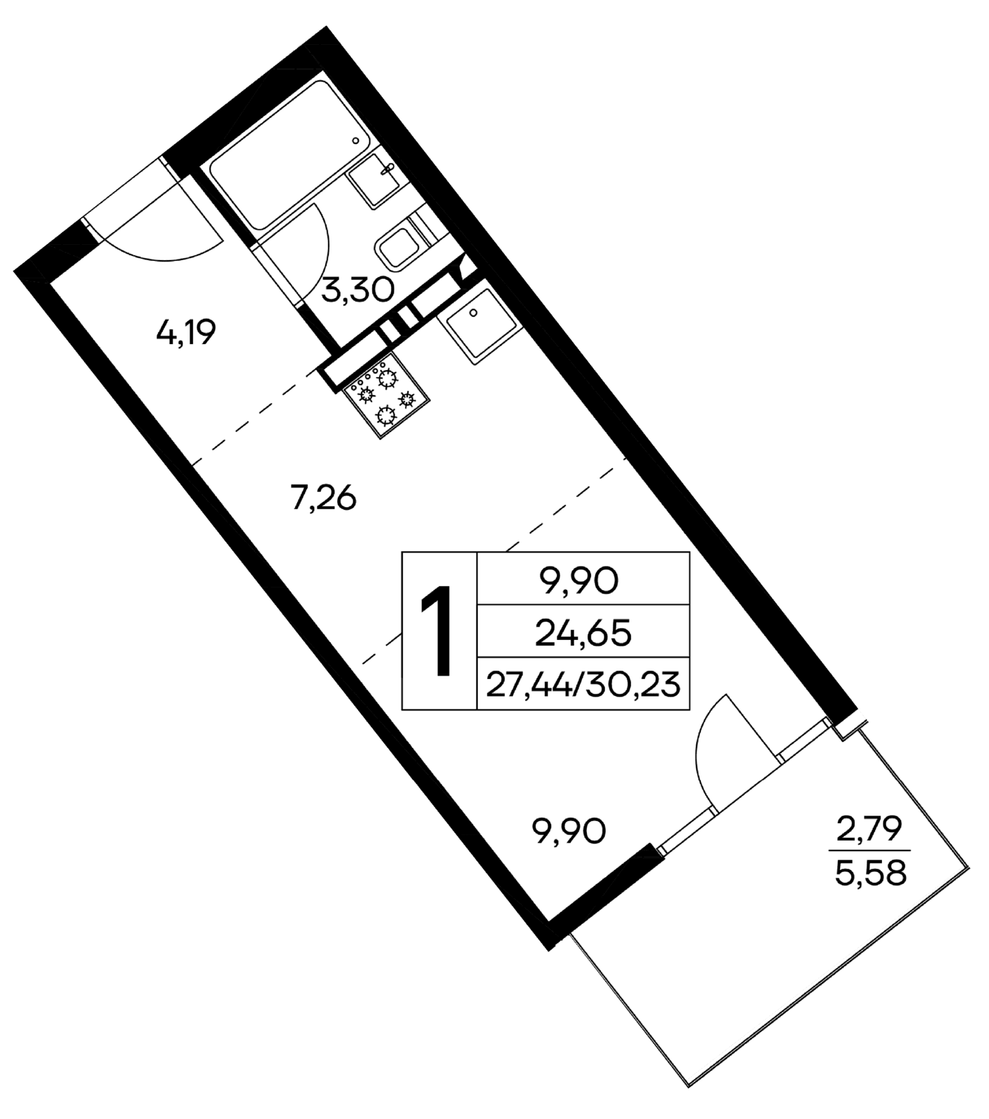 1 комнатная квартира, 30,23 кв.м