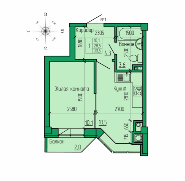 1 комнатная квартира, 30,5 кв.м.