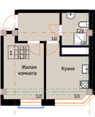 1 комнатная квартира, 31,37 кв.м.