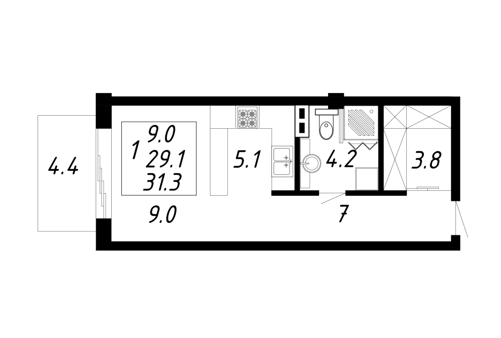 1 комнатная квартира 31,3 кв.м