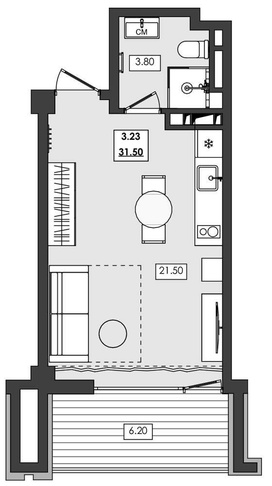 Апартаменты площадью 31,5 кв.м.