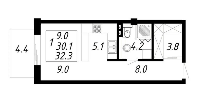 1 комнатная квартира 32,3 кв.м