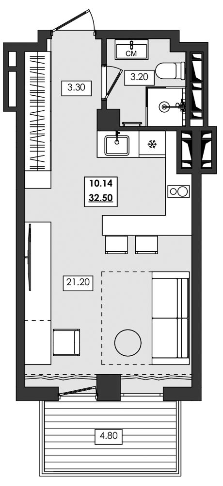 Апартаменты площадью 32,5 кв.м.