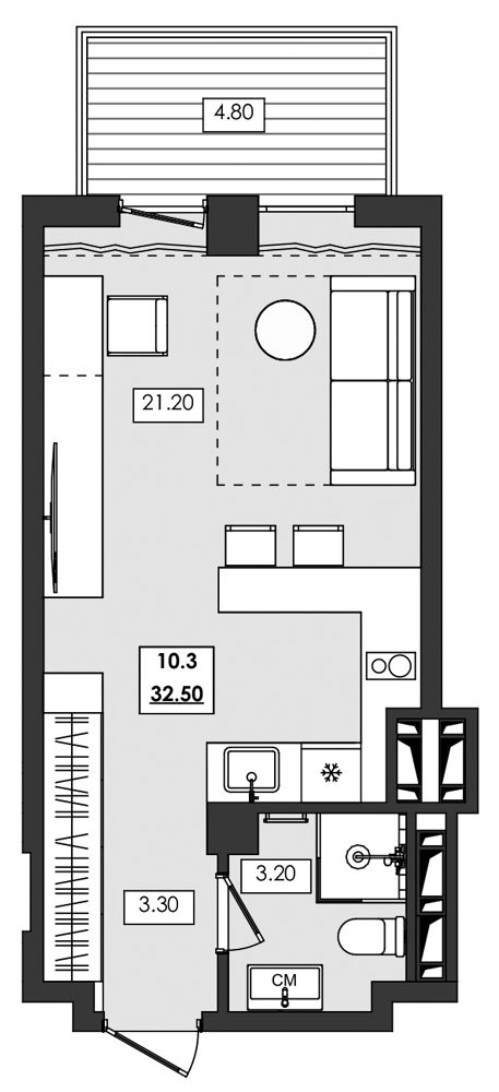 Апартаменты площадью 32,5 кв.м.