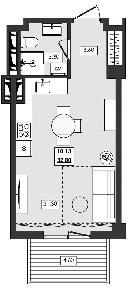 Апартаменты площадью 32,8 кв.м.