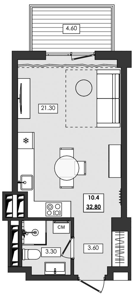 Апартаменты площадью 32,8 кв.м.