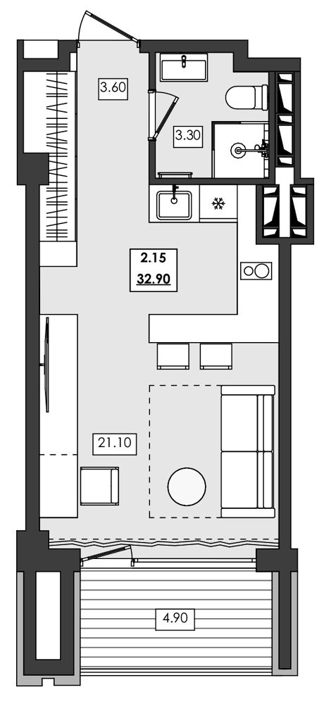 Апартаменты площадью 32,9 кв.м.