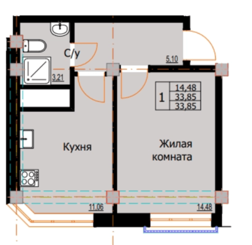 1 комнатная квартира, 33,85 кв.м.