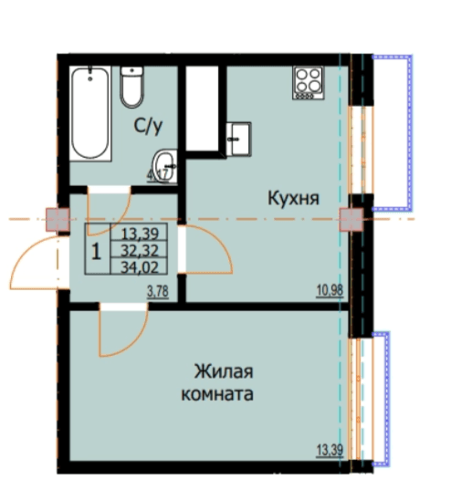 1 комнатная квартира, 34,02 кв.м.