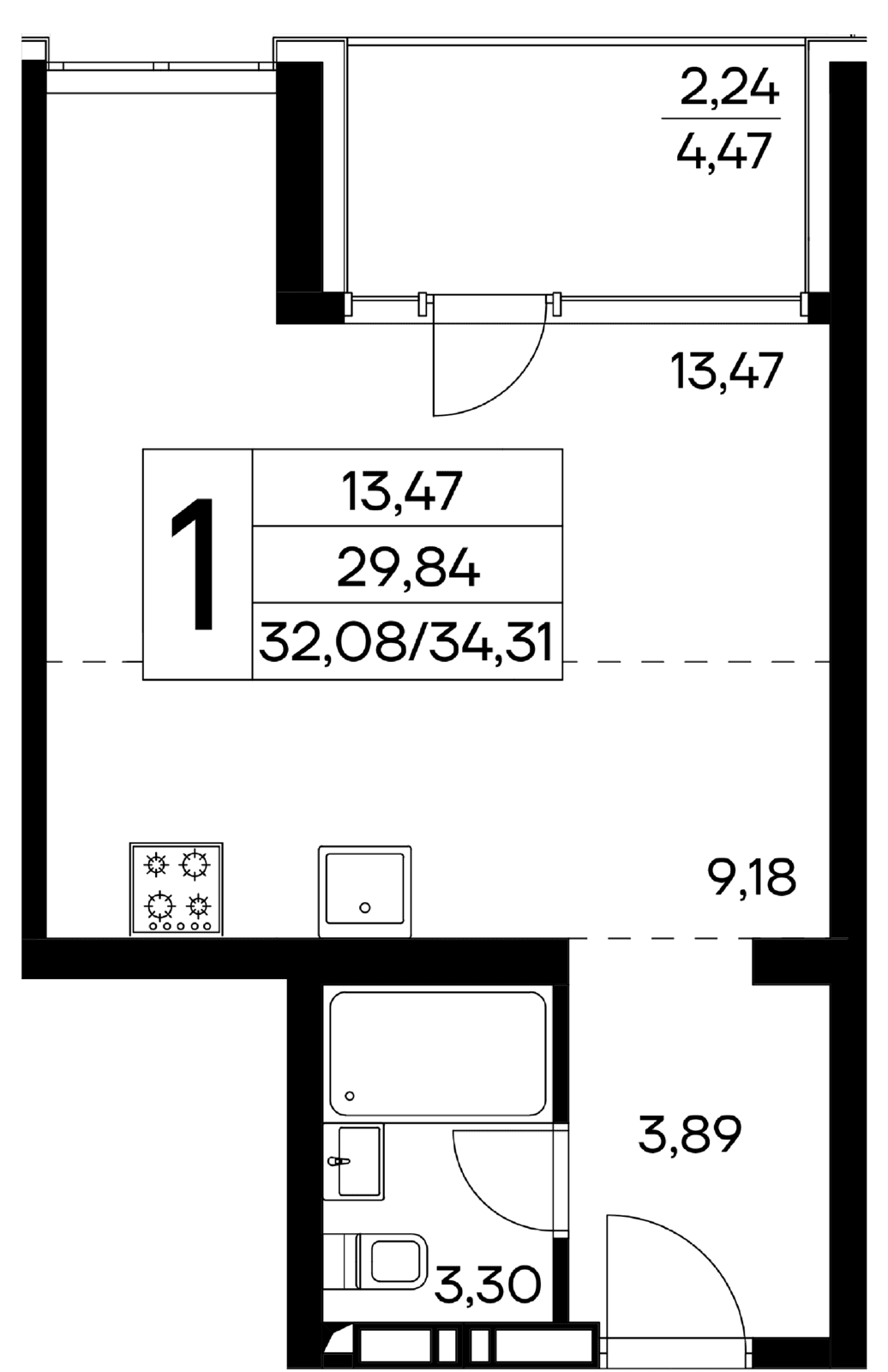 1 комнатная квартира, 34,31 кв.м