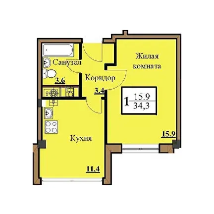 1 комнатная квартира 34,3 кв.м