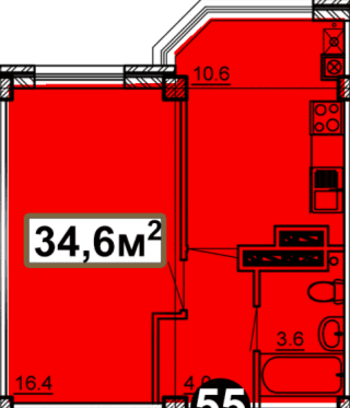 1 комнатная квартира, 34,6 кв.м.