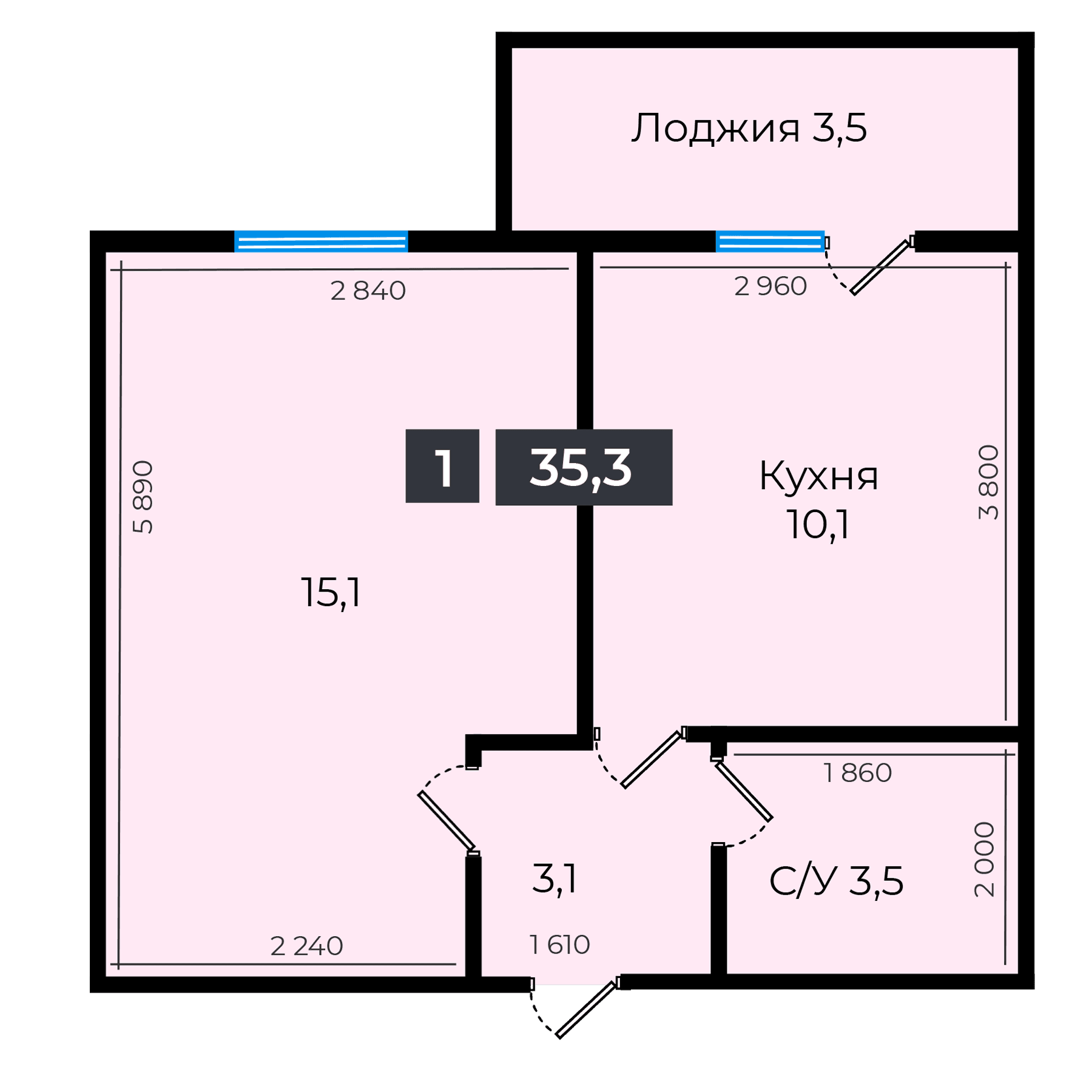 1 комнатная квартира 35,3 кв.м