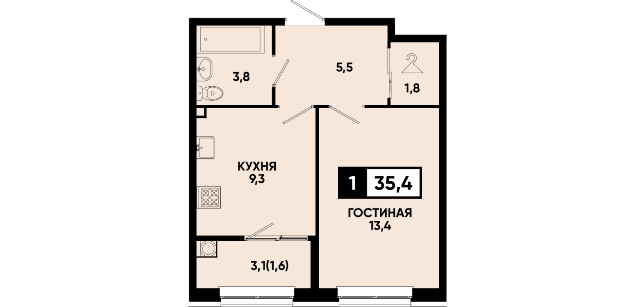 1 комнатная квартира 35,4 кв.м